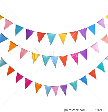 Colorful Triangular Flags Hanging for Celebration or Decoration in Bright Pastel Shades. Colorful Triangular Flags Hanging for Celebration or Decoration in Bright Pastel Shades. 133376938