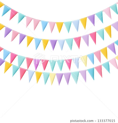 Colorful Triangular Flags Hanging for Celebration or Decoration in Bright Pastel Shades Colorful Triangular Flags Hanging for Celebration or Decoration in Bright Pastel Shades 133377015