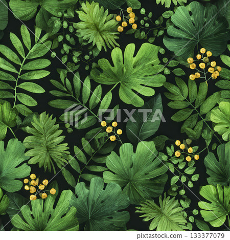 Seamless tropical leaf pattern with green foliage and yellow berries on dark background 133377079