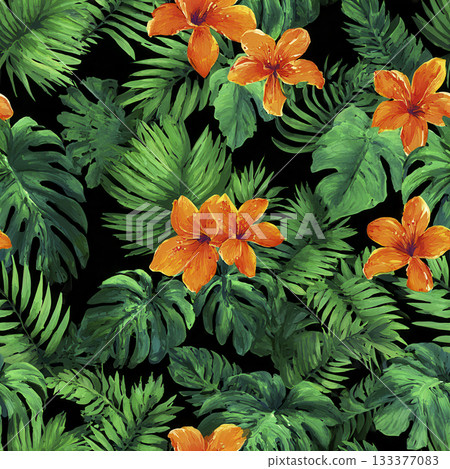 Seamless tropical pattern with orange lilies and lush green leaves on black background 133377083