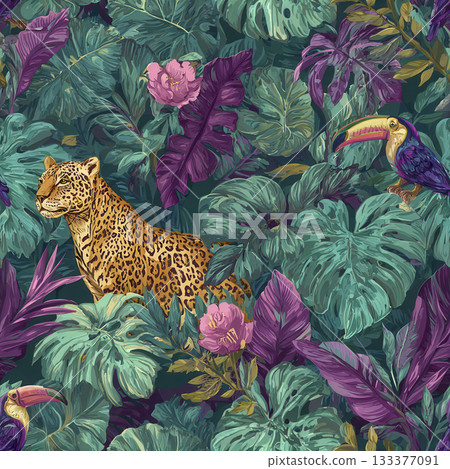 Tropical seamless pattern with leopard, toucan, and lush jungle leaves in tones 133377091