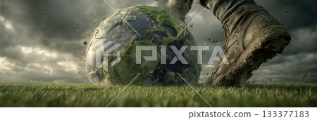 A Hyper-Realistic Image of Earth as a Damaged Soccer Ball Being Kicked - Generative Ai A Hyper-Realistic Image of Earth as a Damaged Soccer Ball Being Kicked - Generative Ai 133377183
