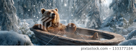 A Hyperrealistic Brown Bear Relaxing in a Wooden Hot Tub in a Snowy Forest - Generative Ai A Hyperrealistic Brown Bear Relaxing in a Wooden Hot Tub in a Snowy Forest - Generative Ai 133377184