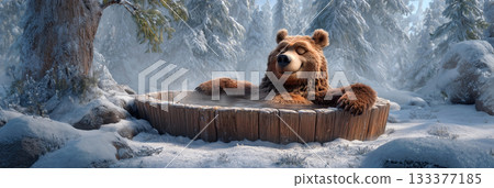 A Hyperrealistic Brown Bear Relaxing in a Wooden Hot Tub in a Snowy Forest - Generative Ai A Hyperrealistic Brown Bear Relaxing in a Wooden Hot Tub in a Snowy Forest - Generative Ai 133377185