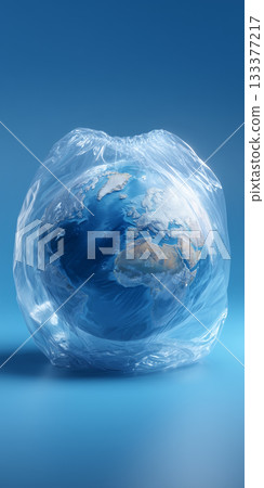 A Photorealistic Earth Globe Trapped in a Transparent Plastic Bag on a Blue Background - Generative Ai A Photorealistic Earth Globe Trapped in a Transparent Plastic Bag on a Blue Background - Generative Ai 133377217