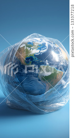A Photorealistic Earth Globe Trapped in a Transparent Plastic Bag on a Blue Background - Generative Ai 133377218