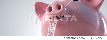A Pink Ceramic Piggy Bank with a Faucet-Shaped Mouth Pouring Clear Water - Generative Ai 133377220