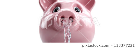 A Pink Ceramic Piggy Bank with a Faucet-Shaped Nose Pouring Clear Water - Generative Ai 133377221
