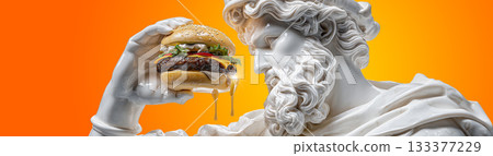 A Marble Chef Statue Holding a Delicious Juicy Burger on Yellow-Orange Background - Generative Ai A Marble Chef Statue Holding a Delicious Juicy Burger on Yellow-Orange Background - Generative Ai 133377229