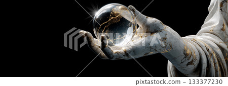 A Marble Hand of Classical Statue Holding a Divination Crystal Sphere Isolated on Black - Generative Ai A Marble Hand of Classical Statue Holding a Divination Crystal Sphere Isolated on Black - Generative Ai 133377230
