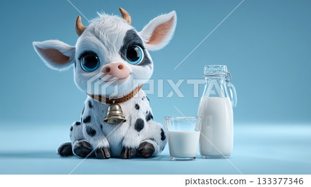 Adorable Cartoon Holstein Cow with Milk Bottle and Glass on Blue Background - Generative Ai 133377346