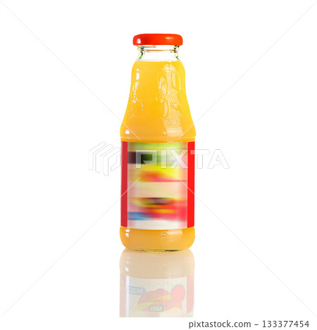 Juice in a glass bottle, bright colored drink on a white background isolated Juice in a glass bottle, bright colored drink on a white background isolated 133377454