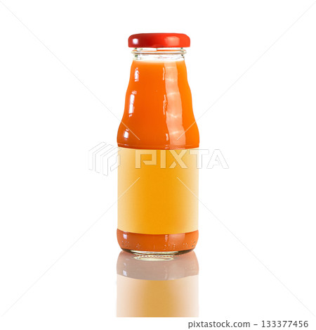 Juice in a glass bottle, bright colored drink on a white background isolated Juice in a glass bottle, bright colored drink on a white background isolated 133377456