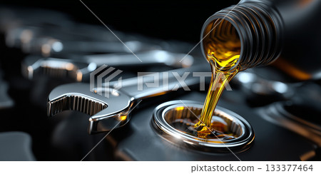 Pouring Motor Oil for Motor Vehicles from a Black Bottle Into the Engine - Generative Ai 133377464