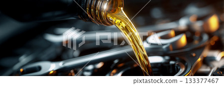Pouring Motor Oil for Motor Vehicles from a Black Bottle Into the Engine - Generative Ai 133377467