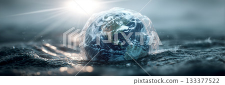 An Earth Globe Trapped in a Transparent Plastic Bag Floating Between Ocean Surface and Abyss - Generative Ai 133377522