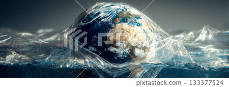 An Earth Globe Trapped in a Transparent Plastic Bag Floating Between Ocean Surface and Abyss - Generative Ai 133377524