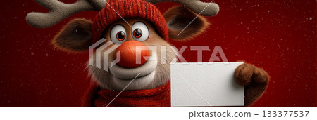 An Adorable Cartoon Reindeer with Wool Red Hat and Scarf Holding a Blank Sign on Red Background - Generative Ai 133377537