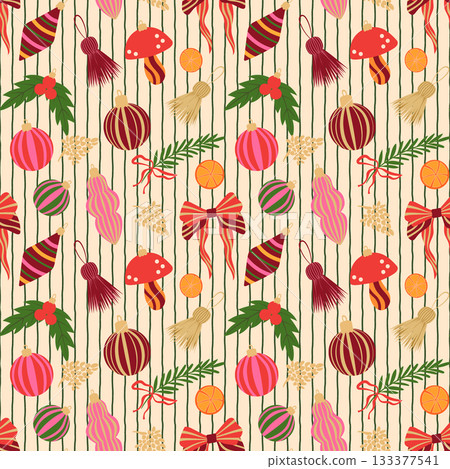 Christmas ornaments vector seamless pattern. Bright xmas baubles, mushroom decoration, festive tassels, ribbon bows on light striped background. Colorful winter holiday maximalist decor repeat design Christmas ornaments vector seamless pattern. Bright xmas baubles, mushroom decoration, festive tassels, ribbon bows on light striped background. Colorful winter holiday maximalist decor repeat design 133377541