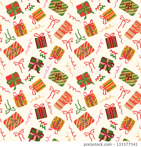 Gift boxes vector seamless pattern. Colorful wrapped presents with bows and festive ribbons decorations on light cream background. Modern holiday repeat design for Christmas, birthday celebration 133377542