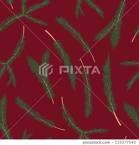 Fir tree branches vector seamless pattern. Green pine twigs with needles on dark red background. Botanical winter evergreen conifer repeat design for Christmas, wrapping, seasonal festive prints Fir tree branches vector seamless pattern. Green pine twigs with needles on dark red background. Botanical winter evergreen conifer repeat design for Christmas, wrapping, seasonal festive prints 133377543