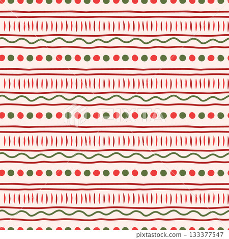 Cozy abstract ornament vector seamless pattern. Hand drawn festive geometric design with wavy red, green stripes and dots on light background. Modern stylized folk repeat tile for print, fabrics 133377547