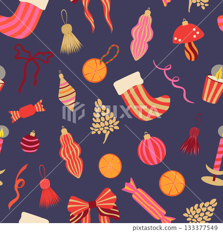 Christmas ornaments vector seamless pattern. Bright striped xmas baubles, mushroom decoration, festive stockings and ribbon bows on dark purple background. Colorful modern winter holiday repeat tile 133377549