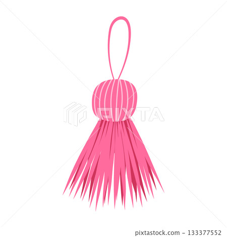Pink tassel Christmas ornament vector illustration. Festive hanging bright decoration isolated on white background. Retro fluffy pom pom in flat hand-drawn cartoon style for xmas party design 133377552