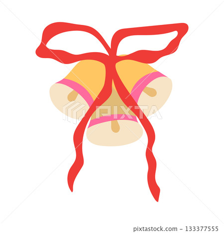 Christmas bells vector illustration. Yellow jingle bells with red ribbon bow isolated on white background. Festive holiday decoration in flat cartoon style for xmas celebration, winter designs 133377555