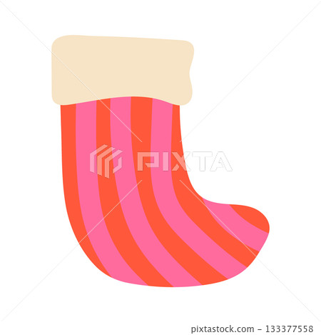 Modern Christmas striped stocking vector illustration. Festive red sock with pink stripes isolated on white background. Bold modern cozy winter holiday decoration for gifts in simple flat style Modern Christmas striped stocking vector illustration. Festive red sock with pink stripes isolated on white background. Bold modern cozy winter holiday decoration for gifts in simple flat style 133377558