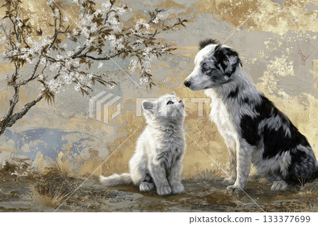 dog, dogs, cherry blossom 133377699