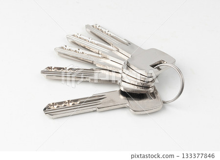 Keys and lock cylinder for door lock isolated. Pin tumbler components ready to replace or repair 133377846
