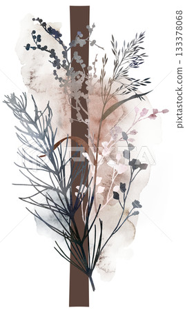 Capital letter I with watercolor autumn leaves and grass in earth tones, winter wedding illustration Capital letter I with watercolor autumn leaves and grass in earth tones, winter wedding illustration 133378068