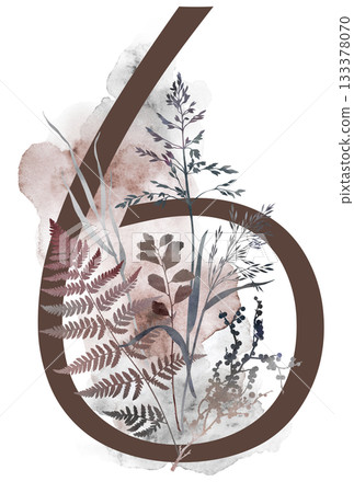 Number 6 with watercolor autumn leaves and grass in borwn tones, winter wedding illustration 133378070