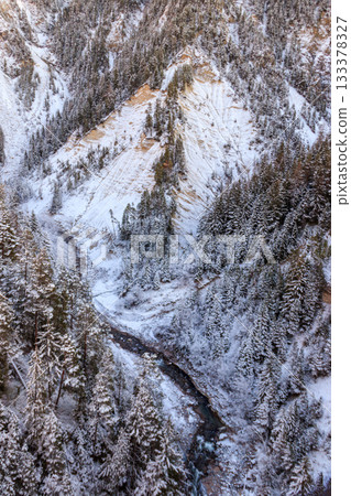 Top view of winter river in the Swiss Alps, Switzerland. Snowy mountain river landscape Top view of winter river in the Swiss Alps, Switzerland. Snowy mountain river landscape 133378327