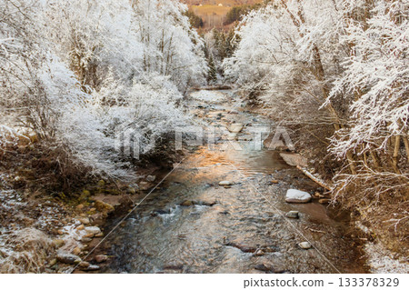 View of winter river in the Swiss Alps, Switzerland. Snowy mountain river landscape 133378329