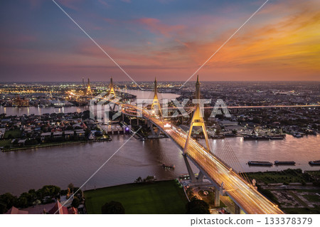 Bangkok City - Beautiful sunset Chao Phraya river view of Bhumibol Bridge,Thailand. 133378379