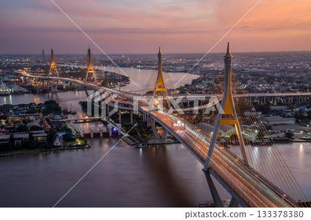 Bangkok City - Beautiful sunset Chao Phraya river view of Bhumibol Bridge,Thailand. 133378380