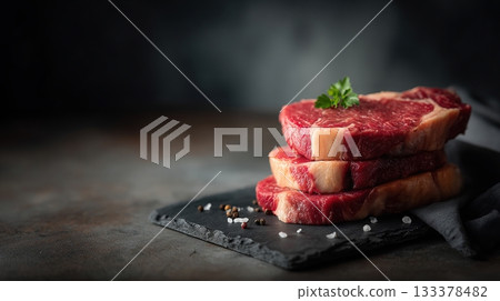Premium boneless ribeye steaks with heavy marbling, thick cut, displayed in neat stack on black slate board 133378482