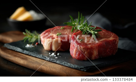 Premium boneless ribeye steaks with heavy marbling, thick cut, displayed in neat stack on black slate board 133378484