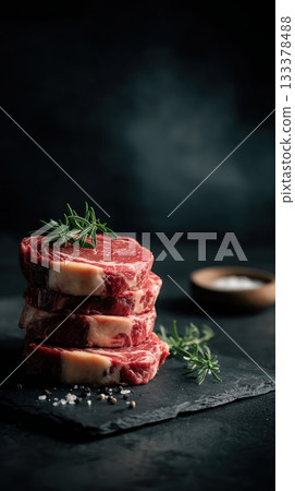 Premium boneless ribeye steaks with heavy marbling, thick cut, displayed in neat stack on black slate board 133378488