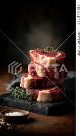 Premium boneless ribeye steaks with heavy marbling, thick cut, displayed in neat stack on black slate board Premium boneless ribeye steaks with heavy marbling, thick cut, displayed in neat stack on black slate board 133378489