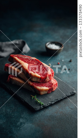 Premium boneless ribeye steaks with heavy marbling, thick cut, displayed in neat stack on black slate board Premium boneless ribeye steaks with heavy marbling, thick cut, displayed in neat stack on black slate board 133378490