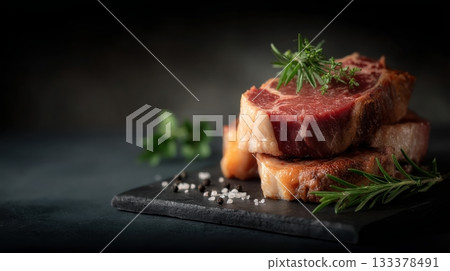 Premium boneless ribeye steaks with heavy marbling, thick cut, displayed in neat stack on black slate board 133378491