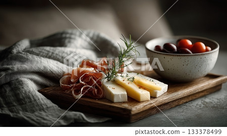 an elegant charcuterie board with slices of prosciutto or jamon, cheese, and olives on it. 133378499