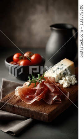 an elegant charcuterie board with slices of prosciutto or jamon, cheese, and olives on it. 133378500