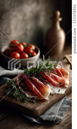 an elegant charcuterie board with slices of prosciutto or jamon, cheese, and olives on it. 133378501