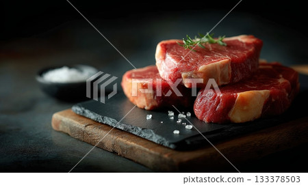 Premium boneless ribeye steaks with heavy marbling, thick cut, displayed in neat stack on black slate board 133378503