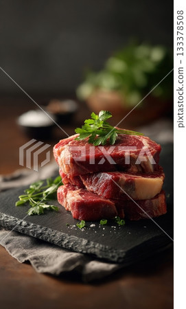 Premium boneless ribeye steaks with heavy marbling, thick cut, displayed in neat stack on black slate board Premium boneless ribeye steaks with heavy marbling, thick cut, displayed in neat stack on black slate board 133378508