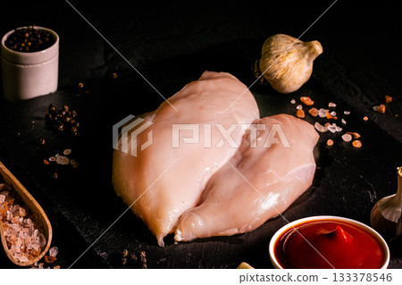 Raw meat chicken breast with thyme herbs and whole pepper on black backdrop 133378546